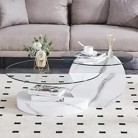 Modern Round Glass Coffee Table – 3-Tier Circle Table with Tempered Glass Top & Storage Shelves for Living Room or Small Spaces, White