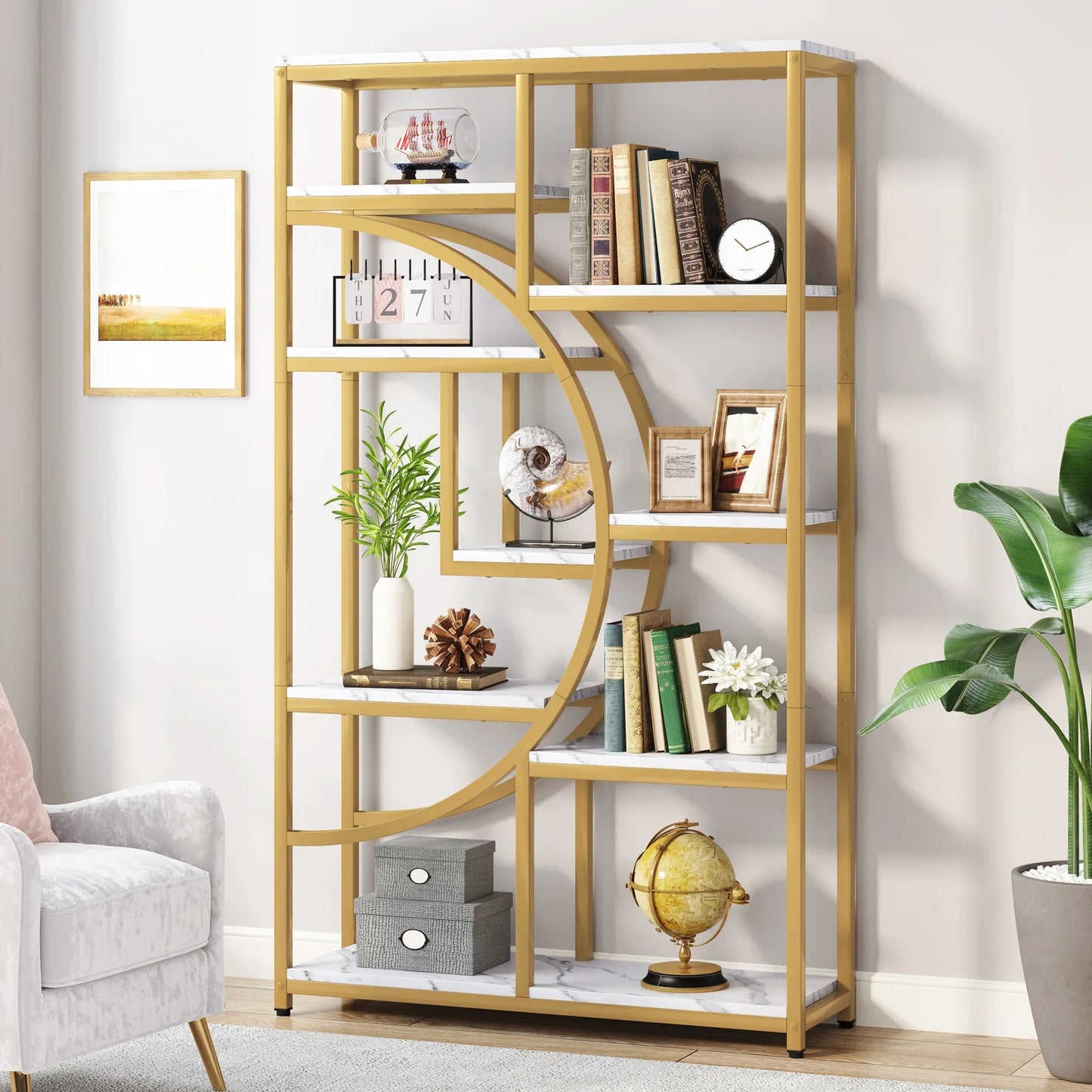 Modern Gold Display Bookshelf with Faux Marble – 8 Open Shelves Geometric Etagere for Living Room or Office