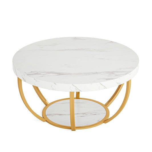 Modern Round Coffee Table with Storage – 2-Tier Wooden Circle Table for Living Room or Office