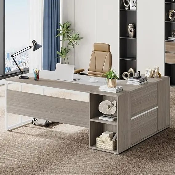 71" L-Shaped Executive Desk with Storage Cabinet – Modern Office Workstation with Shelves, Drawers & Printer Stand