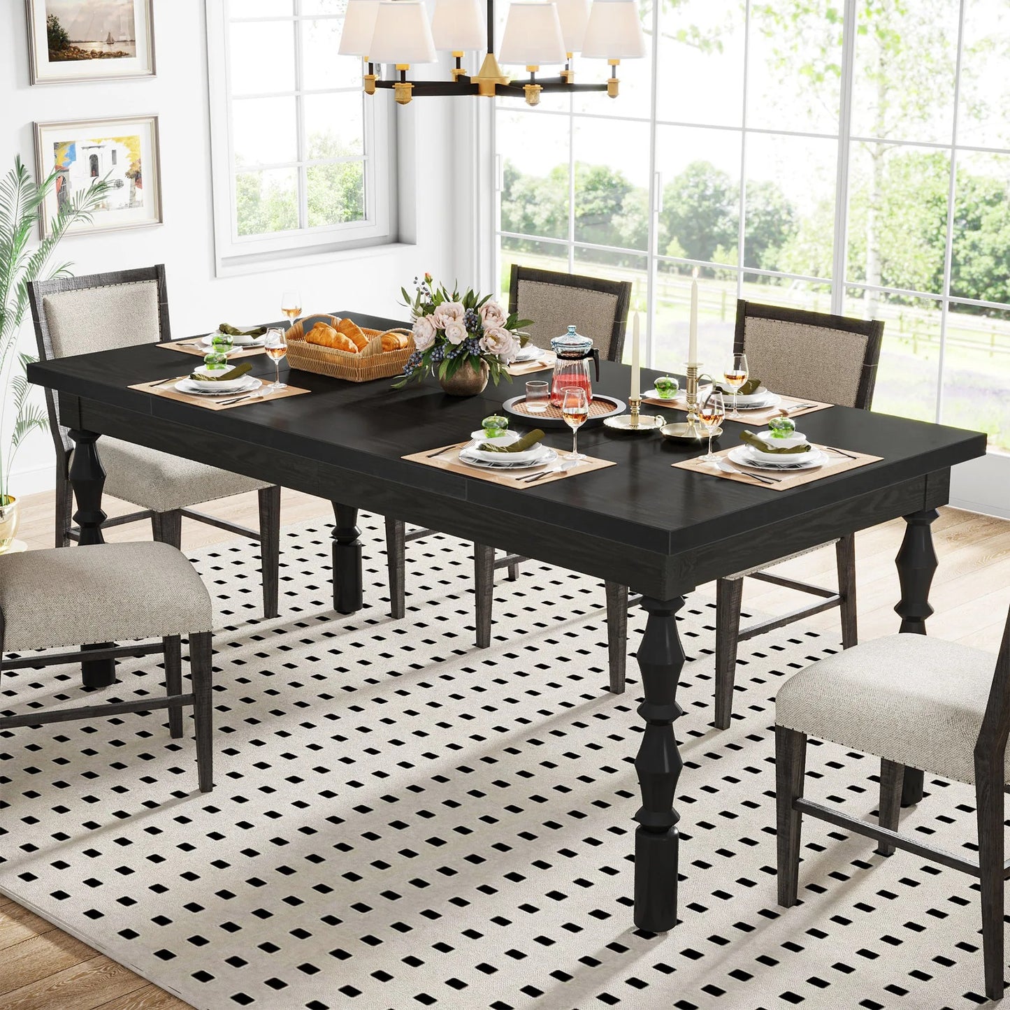Enjoy meals in timeless style with this spacious farmhouse wood dining table. Perfect for patios, kitchens, and gatherings of 4 to 6 guests.
