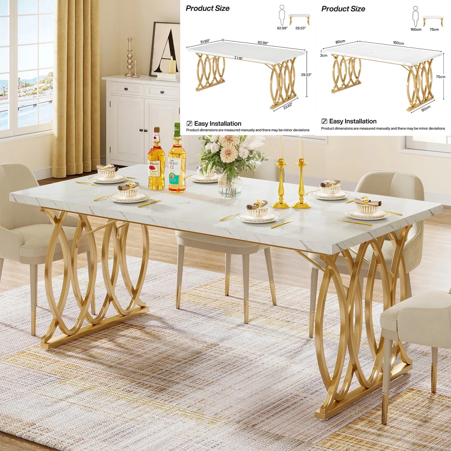 Elegant White Dining Table with Faux Marble Top – Modern Rectangular Table for 4 to 6 People with Gold Metal Legs