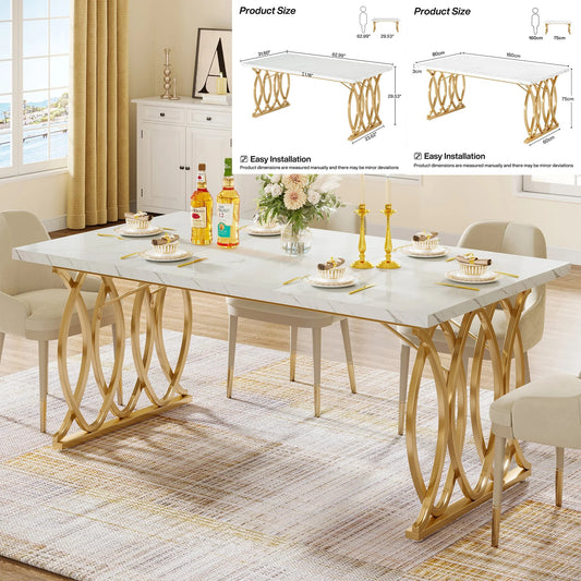 Elegant White Dining Table with Faux Marble Top – Modern Rectangular Table for 4 to 6 People with Gold Metal Legs