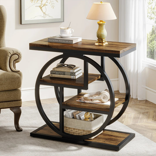 Industrial Narrow End Table with Storage – Rustic Wood and Metal Accent Table for Living Room or Bedroom