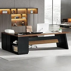 Modern L-Shaped Executive Desk with Drawers & Storage – 78" Walnut Black Office Workstation