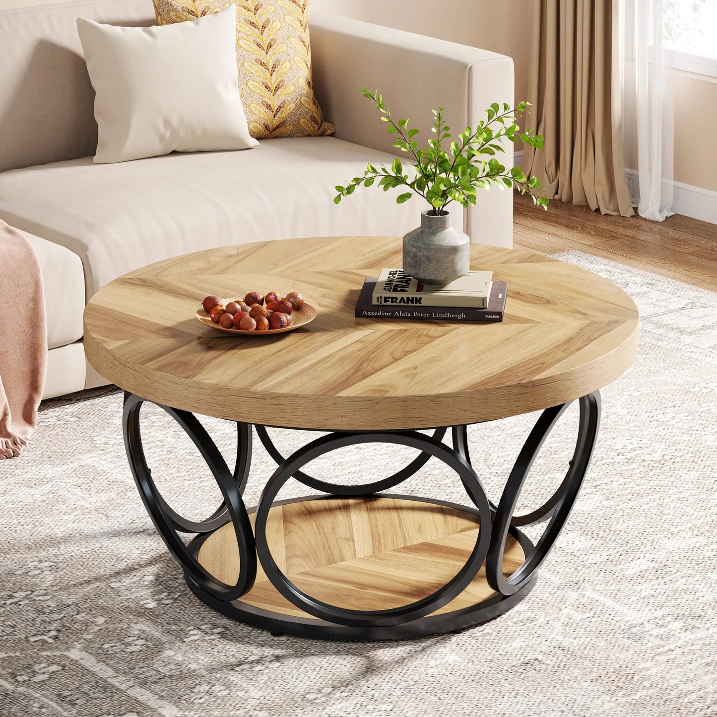 Modern Round Coffee Table with Storage – 2-Tier Wooden Circle Table for Living Room or Office