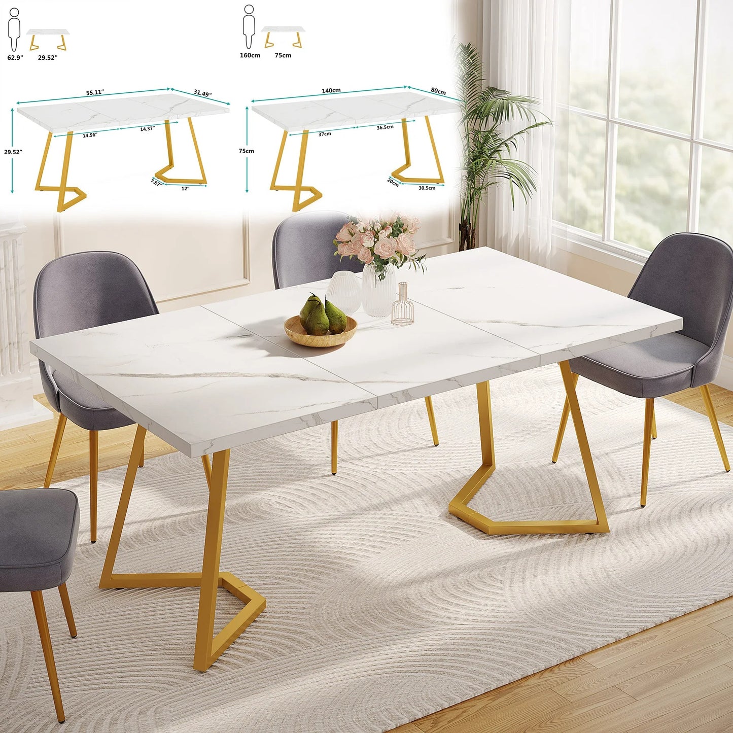 Elegant White Dining Table with Faux Marble Top – Modern Rectangular Table for 4 to 6 People with Gold Metal Legs
