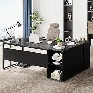 71" L-Shaped Executive Desk with Storage Cabinet – Modern Office Workstation with Shelves, Drawers & Printer Stand