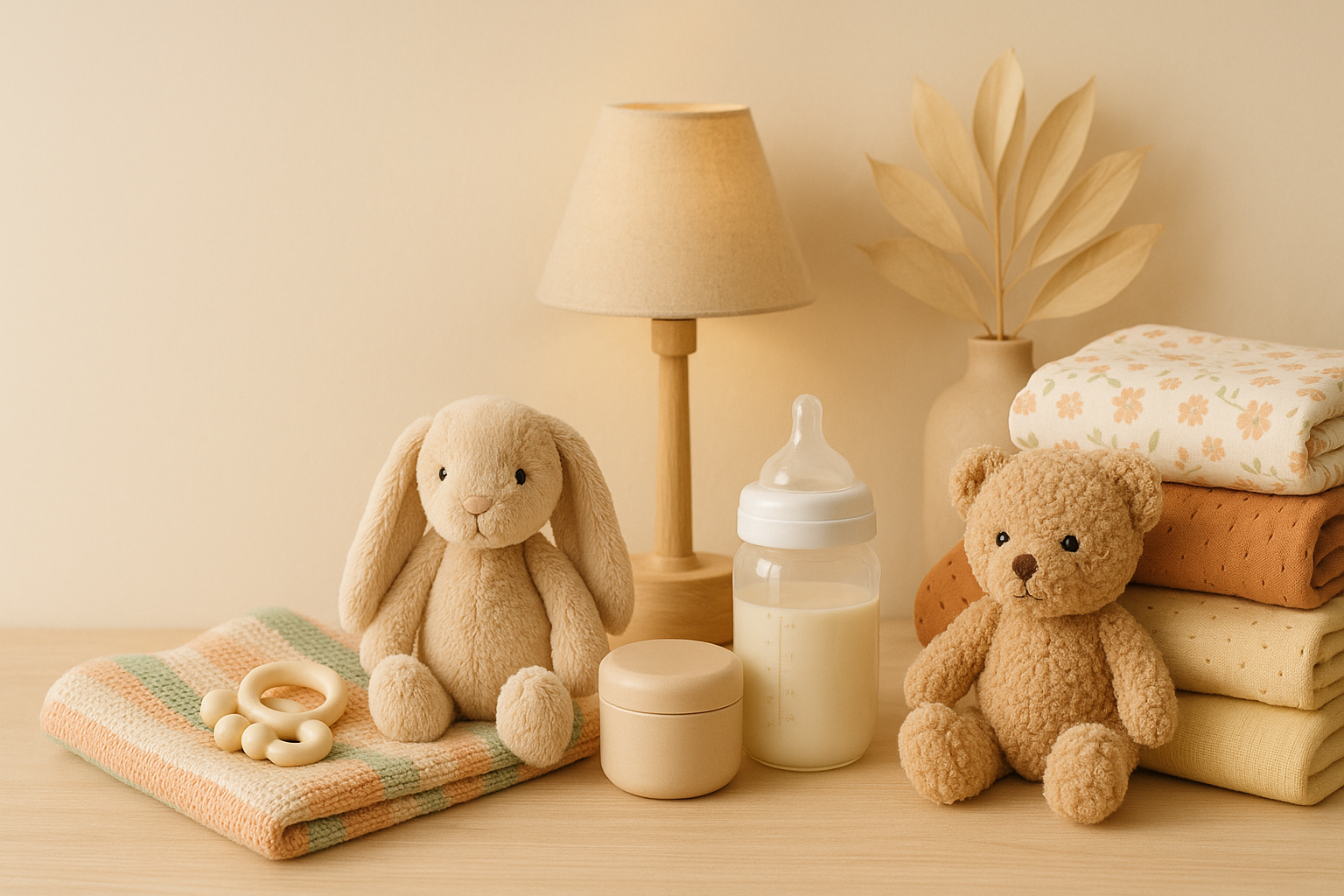 “Realistic, high-resolution cozy banner for kids and babies, featuring soft toys, baby products, colorful blankets, and gentle homey elements. Warm, inviting lighting with a soft pastel background (avoid dark brown). Left side of the banner intentionally left empty for text. Friendly, welcoming, and realistic style, well-composed for website display.”
