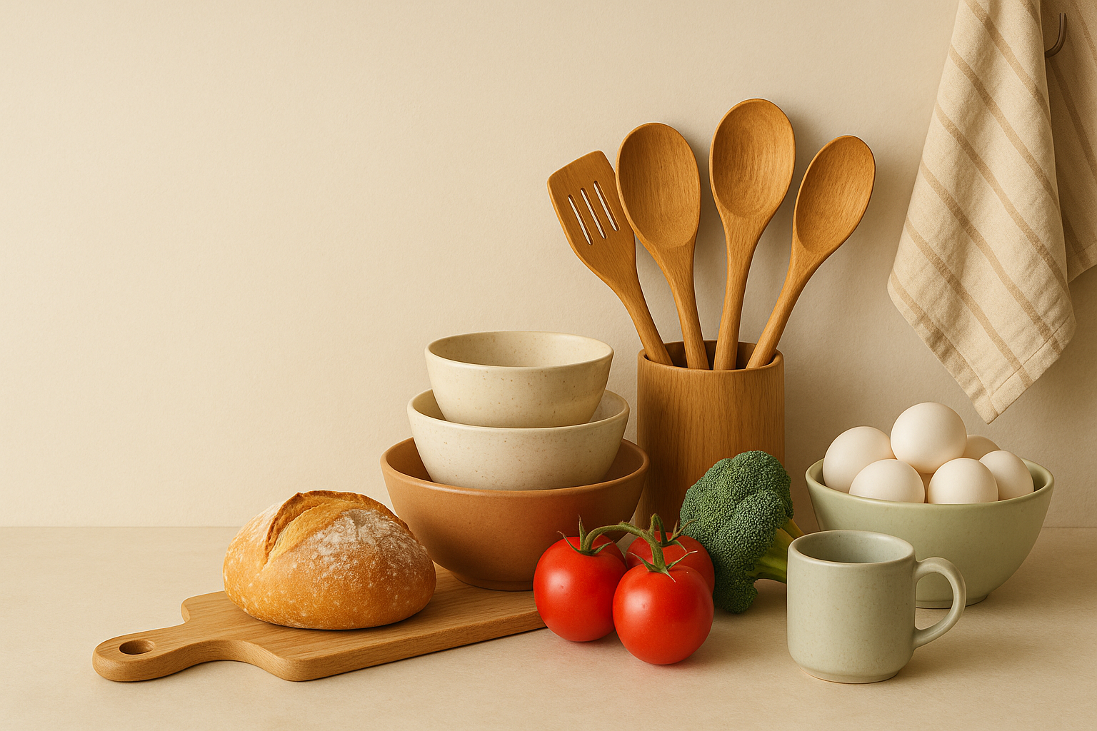 “Realistic, high-resolution cozy banner for kitchen products, featuring utensils, bowls, fresh food, and subtle homey details. Warm, inviting lighting with a soft pastel or home-style background (avoid dark brown). Left side of the banner intentionally left empty for text. Clean, realistic, friendly style, well-composed for website display.”