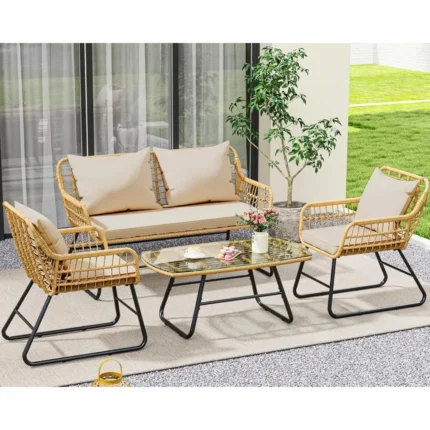 4-Piece Patio Furniture Wicker Outdoor Bistro Set, All Weather Rattan Loveseat Conversation Sets with Soft Cushions and Glass S