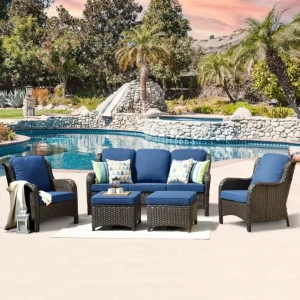 5 Pieces Patio Furniture Set, Outdoor Wicker Sofa Couch with Ottomans Comfy Cushions, All Weather High Back Conversation Set fo