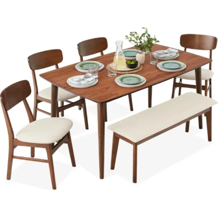 6-Piece Wooden Dining Set, Mid-Century Modern Table & Upholstered Chair Set w/Bench Seat, Rubberwood Legs - Walnut/Cream