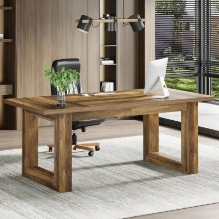 63-Inch Executive Desk – Large Modern Office Desk with Solid Wood Base, Scratch-Resistant Surface & Spacious Workstation (Brown)
