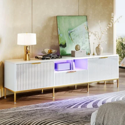 70" Fluted TV Stand for TVs up to 80" – Modern High Gloss Entertainment Center with LED Lights, Storage Cabinets & Gold Accents – White