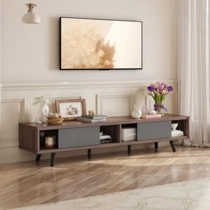 70-Inch Mid-Century TV Stand for TVs up to 75", Walnut Entertainment Center with Sliding Doors & Storage