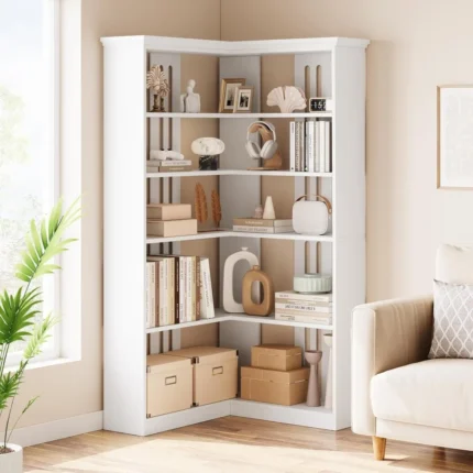 72" L-Shaped Corner Bookshelf – 5-Tier Rustic Wood Bookcase with Anti-Tip Design & Heavy-Duty Storage for Living Room or Office