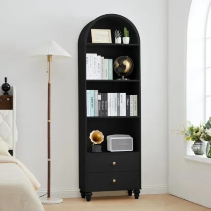 75.59" Tall Bookcase, 4 Tier Arched Bookshelf with 2 Drawers, Modern Book Display Storage Cabinet for Living Room, Bedroom, Read