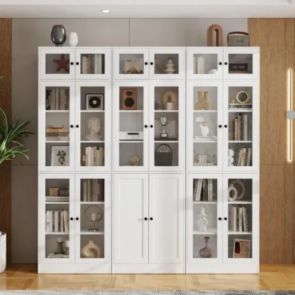85.5" Tall White Curio Cabinet with Glass Doors – 7-Tier Bookcase & Display Shelf for Living Room, Kitchen, or Office