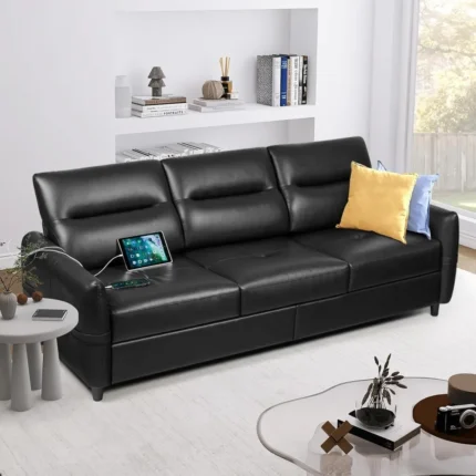 85” Faux Leather Sofa with USB Ports – Mid-Century Modern 3-Seater Couch, Scratch-Resistant Black Leather Sofa for Living Room or Office