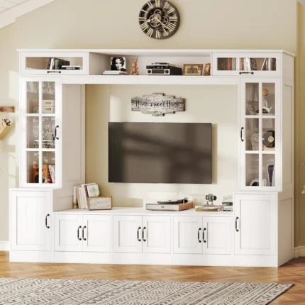 98" Wall Unit Entertainment Center with LED Lights – TV Stand with Storage, Bookshelves & Cabinets for TVs up to 80", White Modern Design