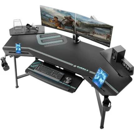 Aero Gaming Desk with Led Lights, 72" Large Wing-Shaped Studio Desk W Keyboard Tray Monitor Stand Dual Headphone Hanger Cup Hol