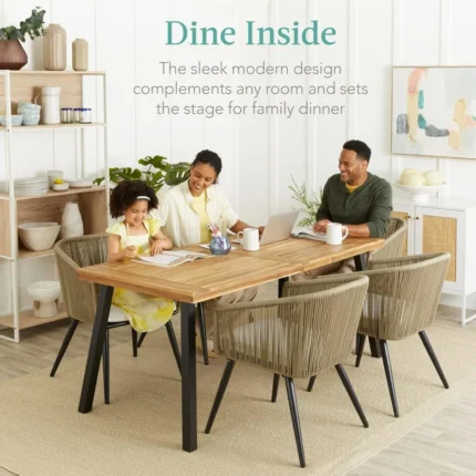6-Person Acacia Wood Dining Table – Indoor/Outdoor Picnic Table with Metal Legs, 350 lb Capacity
