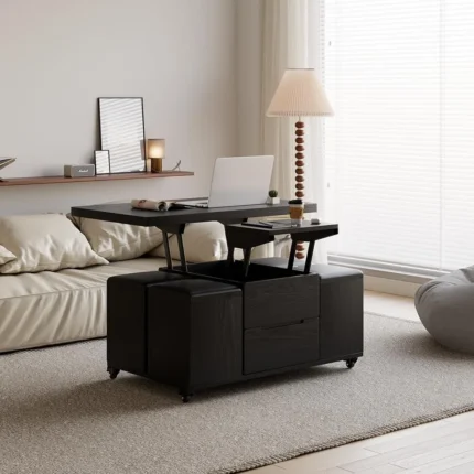 3-in-1 Lift-Top Coffee Table with Hidden Storage & 4 Stools – Black, Modern, on Wheels