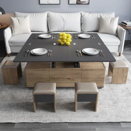 3-in-1 Lift-Top Coffee Table with Hidden Stools – Convertible Center Table to Dining or Desk, Storage, Wheels, Brown