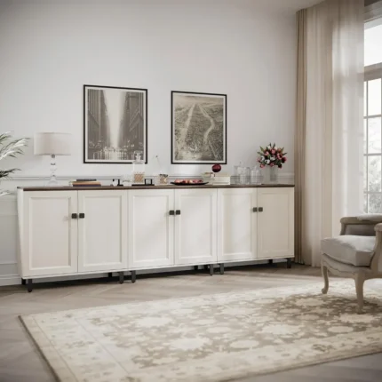 Farmhouse Buffet Sideboard Cabinet – 94” Antique White Storage Credenza with Adjustable Shelves, 6 Doors for Kitchen, Coffee Bar, or Living Room