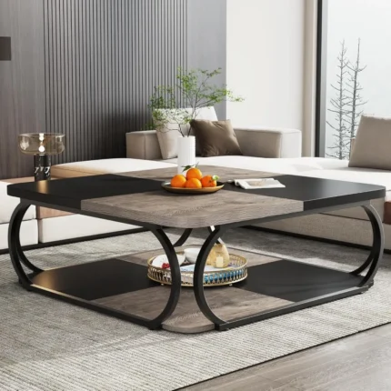 39-Inch Square Coffee Table with Open Storage Shelf – 2-Tier Rustic Farmhouse Wood & Metal Center Table for Living Room, Black Grey