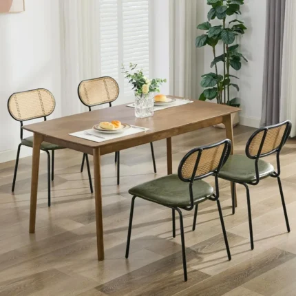Dining Chairs Set of 4 Rattan Kitchen Chairs GreenLeather Boho Dining Room Chairs Mid Century Modern Woven Upholstered Chair wi