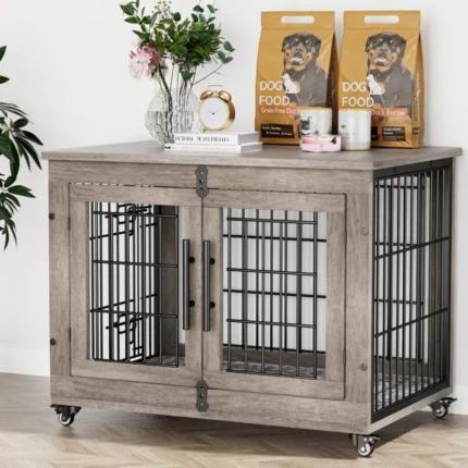 32" Wooden Dog Crate Furniture for Medium Dogs – Indoor Kennel with Cushion, Wheels & Double Doors, End Table Pet Cage
