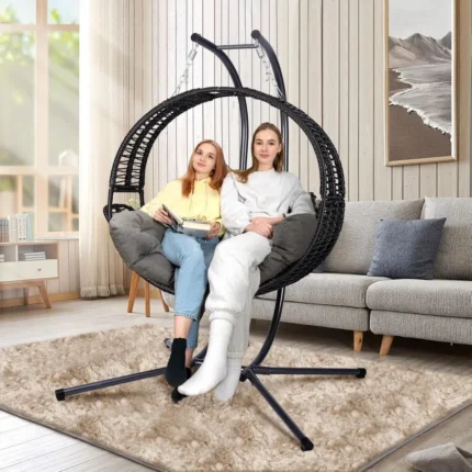 Double Hanging Egg Chair with Stand for Outdoor, Oversized 2 Person Wicker Rattan Swing Chair w/Convertible Armrest for Reclinin