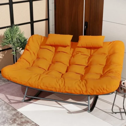 Double Outdoor Rocking Papasan Chair, Oversized Rocking Chair for 2-Person, Loveseat Rocker with Soft Cushion & Rattan Frame, La