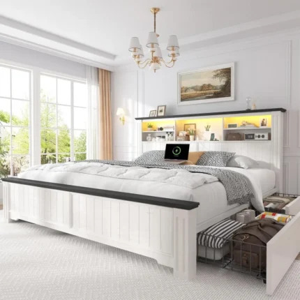 King Bed Frame with LED Lights, USB Ports & 4 Storage Drawers – Modern Platform with Headboard