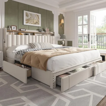 King Size Upholstered Bed Frame with Headboard, 4 Storage Drawers, Shelves & Noise-Free Support – 1200LBS Capacity, Beige