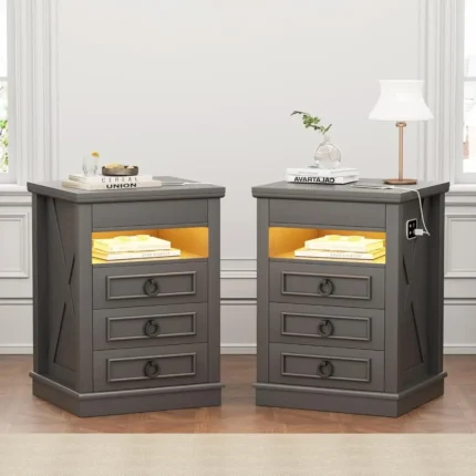 Farmhouse Nightstand with Gun Drawer,Bedside Table with Charging Station and Human Body Senor,3 LED Lights Night Stand with 3 Dr