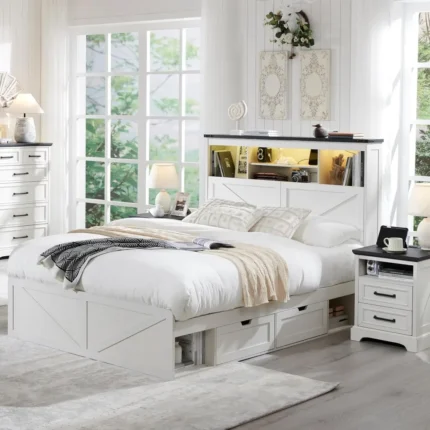 Farmhouse Queen Bed Frame with 52" Storage Headboard, LED Lights, Charging Station & 4 Drawers – Solid Wood Slats, White