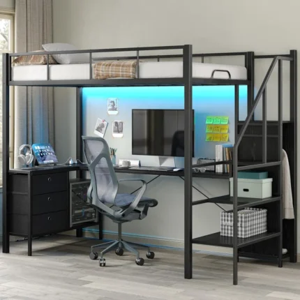 Twin Loft Bed with Desk, Storage Stairs, Wardrobe & RGB LED Lights – Metal Frame Loft Bed with USB Ports, Outlets, Charging Station
