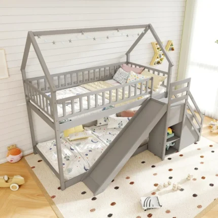 Twin Over Twin House Bunk Bed with Slide & Stairs – Wood Frame with Storage Shelves, No Box Spring Needed, Fun Floor Bed Design for Kids