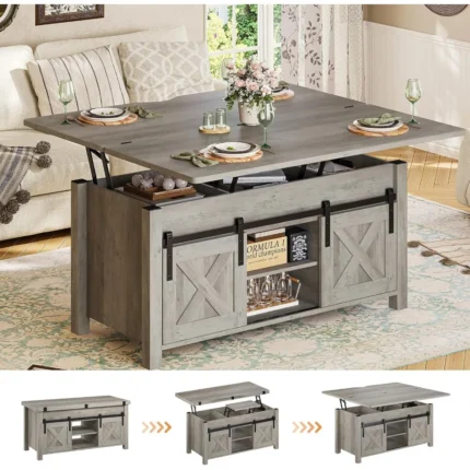 Lift Top Coffee Table, 4 in 1 Multi-Function Convertible Coffee Tables with Storage and Hidden Compartment, Farmhouse Coffee Ta