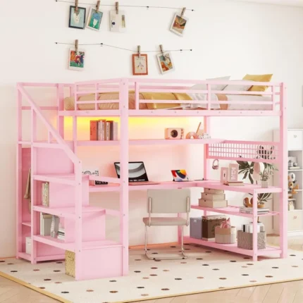 Full Size Loft Bed with Desk, Storage Staircase & Charging Station – Heavy-Duty Metal Frame with LED Lights & Cabinet, Space-Saving Modern Design