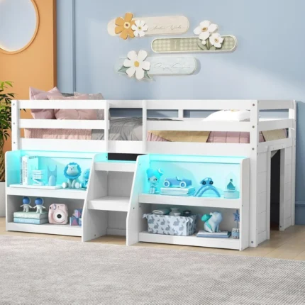 Twin Low Loft Bed with LED Lights, Storage Bookcases & Under-Bed Play Space – Wooden Loft Bed Frame with Staircase for Kids