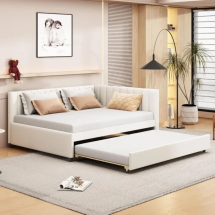 Full Size Upholstered Daybed with Twin Trundle – Linen Fabric Sofa Bed Frame, No Box Spring Needed, Beige