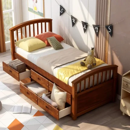Twin Platform Bed with 6 Storage Drawers – Solid Wood Frame, No Box Spring Needed, Walnut Finish