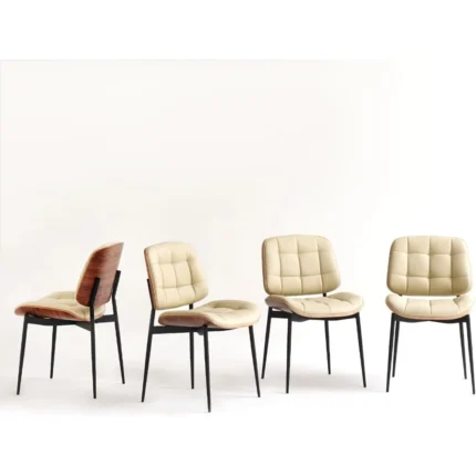 Mid-Century Modern Dining Chairs Set of 4 – Walnut Grain Back, Beige Faux Leather Upholstery, Checkered Cushion, Metal Frame