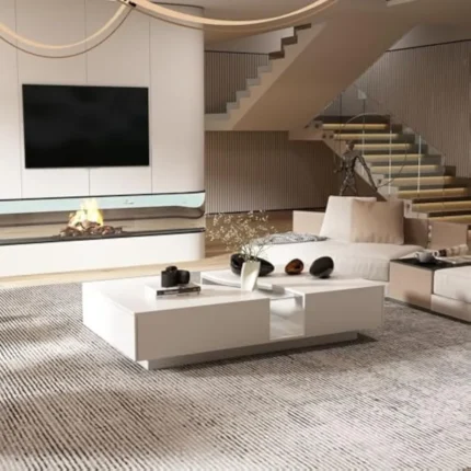 Modern LED Coffee Table with Glass Top – White Center Table with 2 Drawers & Storage for Living Room