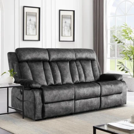 Power Reclining Sofa, 3-Seater Reclining Couch with Massage & Heat, Drop-Down Table, USB & Type-C Charging Ports, Cup Holders, D