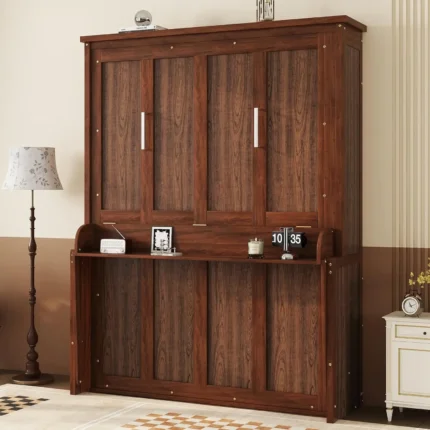 Queen Size Murphy Bed with Desk & Storage – Foldable Wall Bed Frame with Gas Struts, Hidden Cabinet Style for Guest Room/Home Office